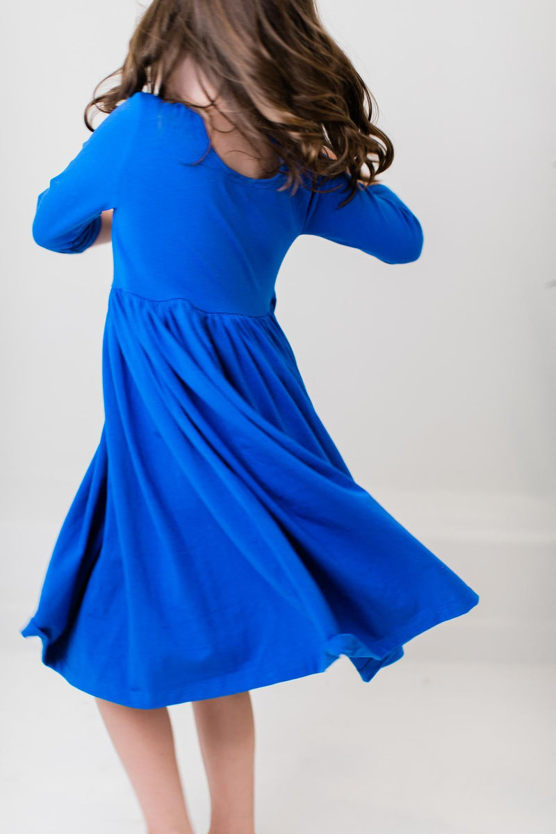 Charming Royal Blue 3/4 Sleeve Pocket Twirl Dress by Mila & Rose, perfect for twirling and fun for little fashionistas.