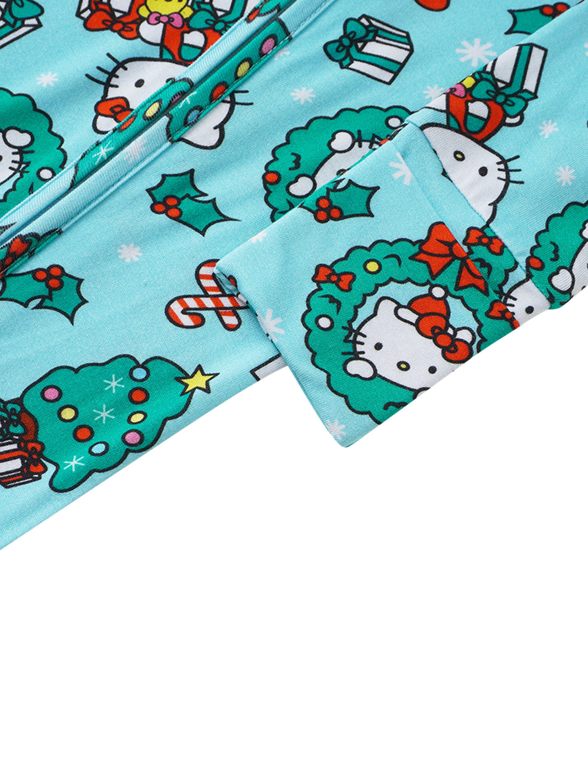 Detail of fold-over mitten cuff and double zipper track on soft teal-blue baby pajamas