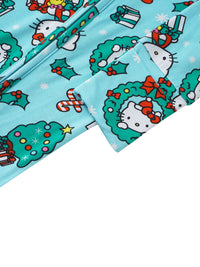 Detail of fold-over mitten cuff and double zipper track on soft teal-blue baby pajamas