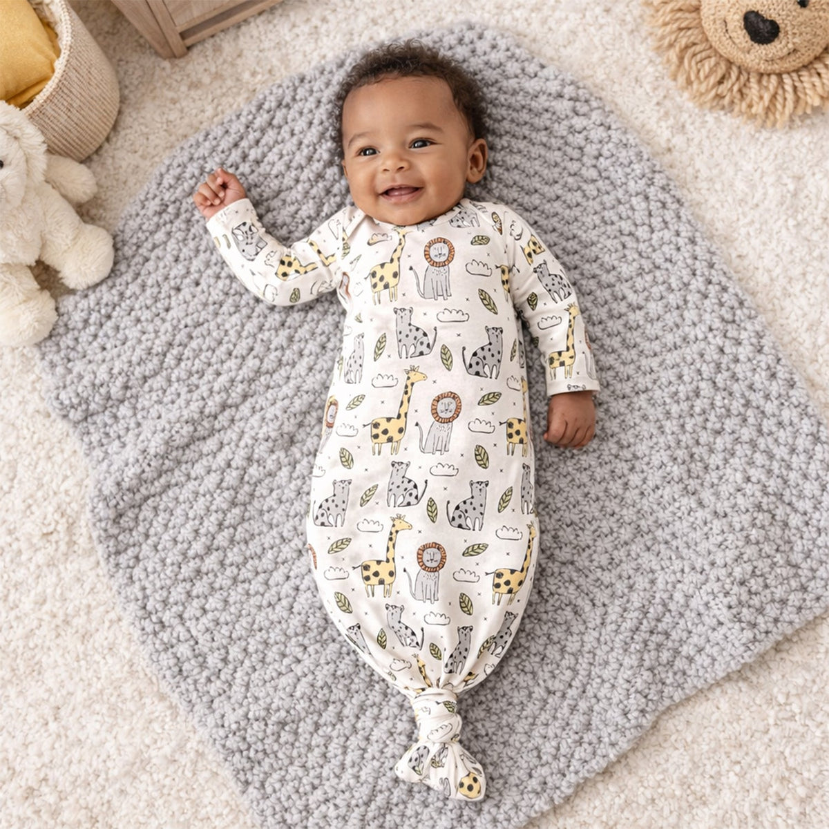 Smiling baby wearing a white knotted gown with a safari jungle print featuring lions and giraffes, lying on a grey knit mat.