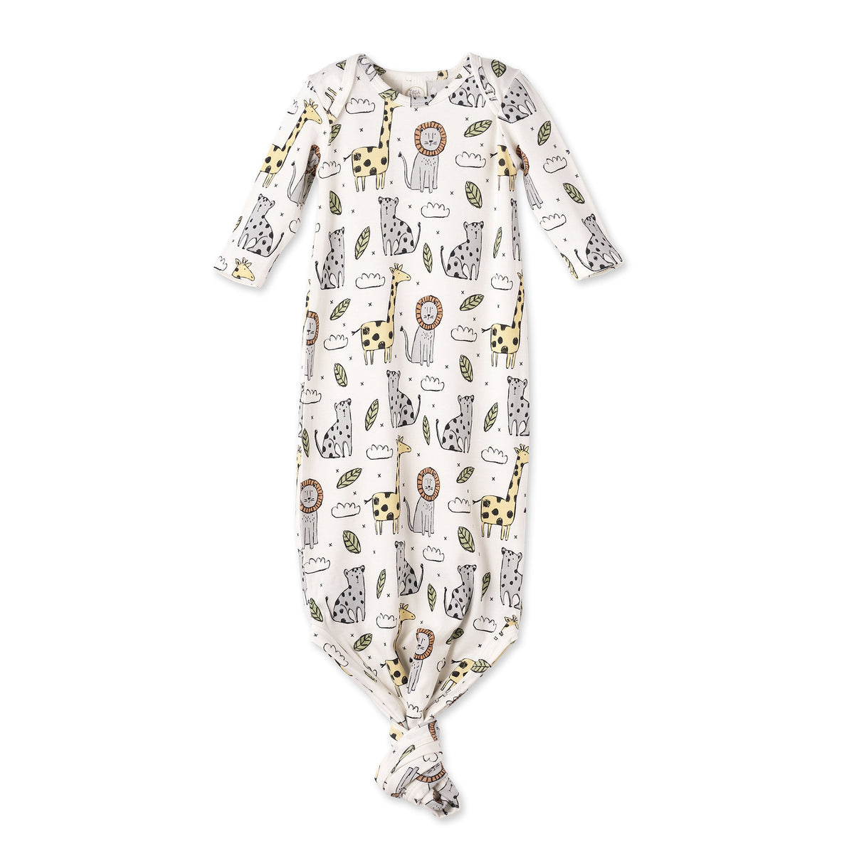 Soft bamboo baby knotted gown featuring a playful jungle print with lions, giraffes, and leopards for cozy sleep.