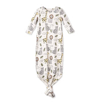 Soft bamboo baby knotted gown featuring a playful jungle print with lions, giraffes, and leopards for cozy sleep.