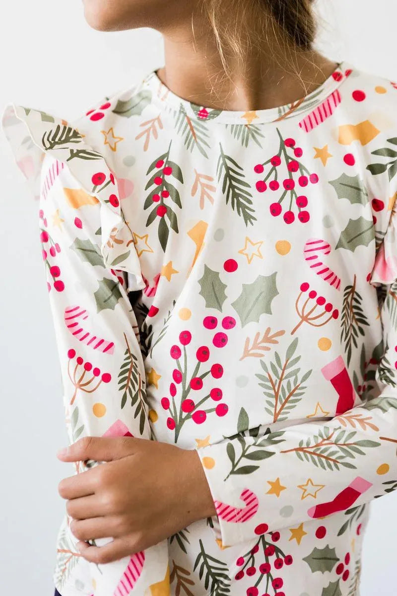 Holly Jolly Christmas Long Sleeve Ruffle Tee for Kids - Cute, Cozy, and Festive Style - The Palm Beach Baby