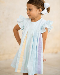 Light blue swing dress with flutter sleeves and vertical rainbow pleat accents. Perfect party dress for little girls.