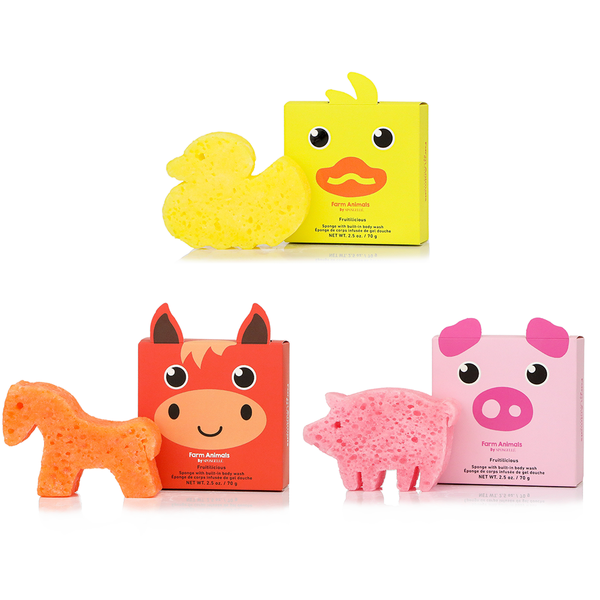 Farm Animals fruitilicious bath sponge set featuring a yellow duck, orange horse, and pink pig with built-in body wash for playful bath time.