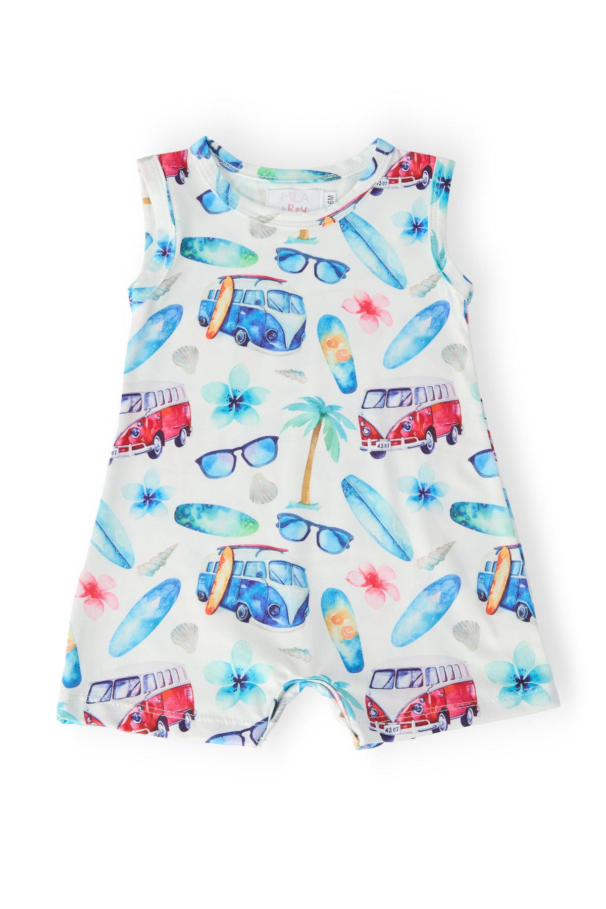 Aloha Shorty One-Piece from Mila & Rose - a cute, colorful summer outfit for kids made of soft, breathable fabric, perfect for playtime and easy diaper changes.