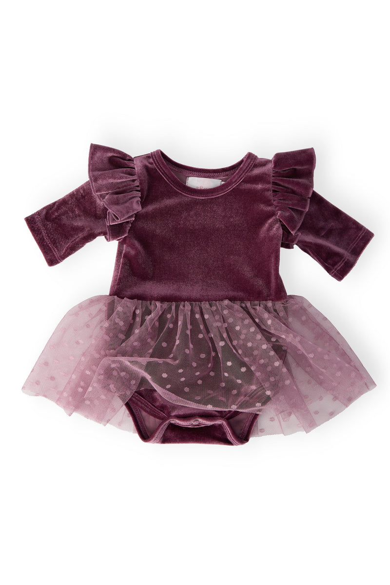 Amethyst Velvet Baby Tutu Bodysuit displayed flat, showcasing its stylish design with ruffle sleeves and a soft tulle overlay.