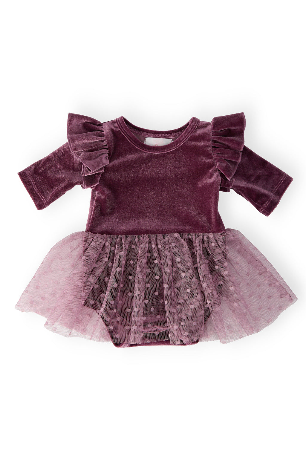 Amethyst Velvet Baby Tutu Bodysuit with ruffle sleeves, featuring a soft tulle skirt, perfect for stylish and comfortable baby outfits.