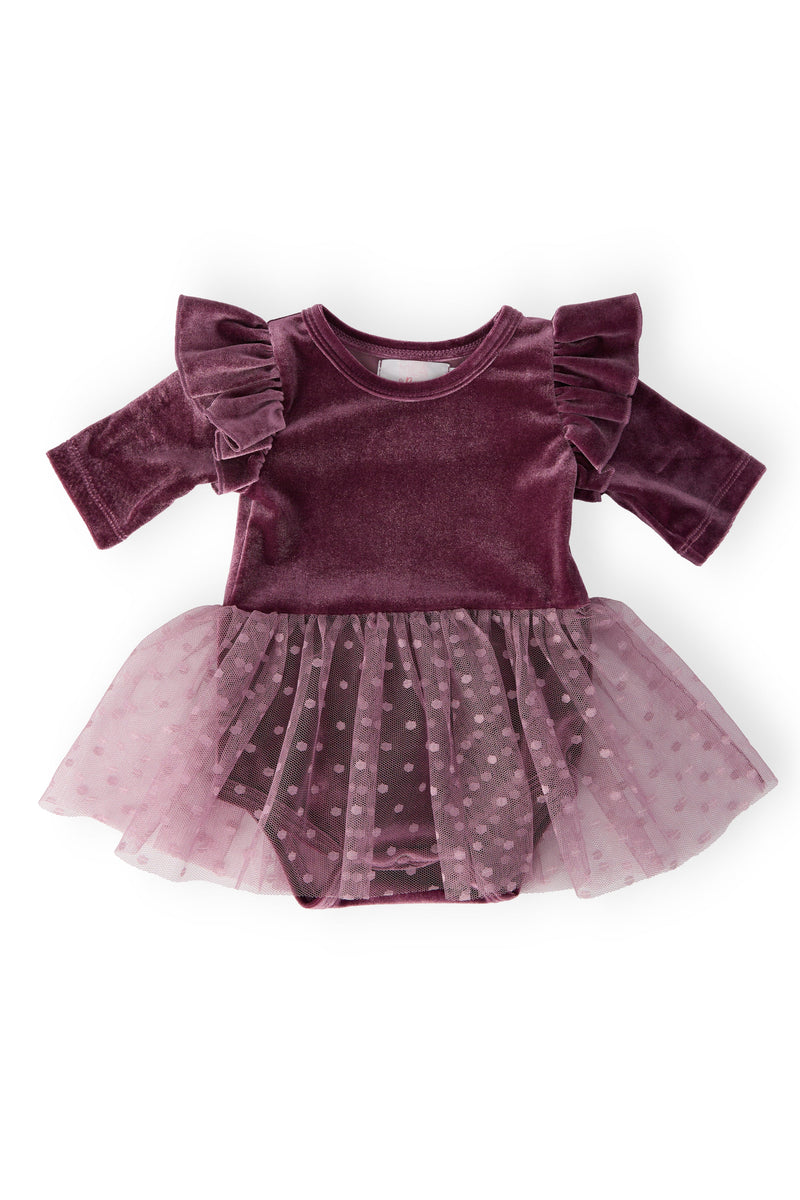 Amethyst Velvet Baby Tutu Bodysuit with ruffle sleeves, featuring a soft tulle skirt, perfect for stylish and comfortable baby outfits.