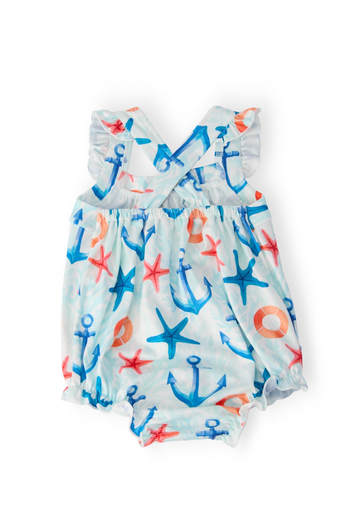 Anchors Away Ruffle Cross Back Romper with nautical anchor and starfish print, cross-back straps and ruffled shoulders.