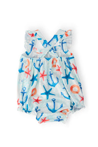 Anchors Away Ruffle Cross Back Romper with nautical anchor and starfish print, cross-back straps and ruffled shoulders.