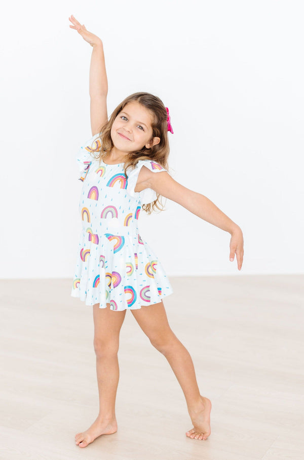 April Showers Short Sleeve Twirl Leotard worn by a smiling tiny dancer, perfect for Mila's first dance class.