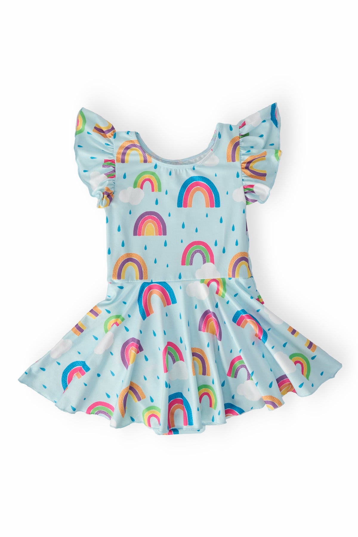 April Showers Short Sleeve Twirl Leotard: light blue fabric with rainbows, clouds, and ruffled sleeves.