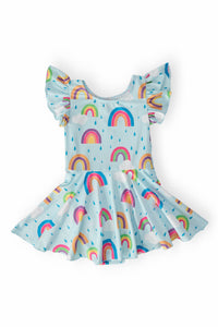 April Showers Short Sleeve Twirl Leotard: light blue fabric with rainbows, clouds, and ruffled sleeves.