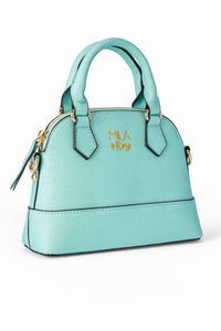 Aqua glitter kids crossbody purse with gold hardware and Mila & Rose logo. Perfect fashion accessory for girls.