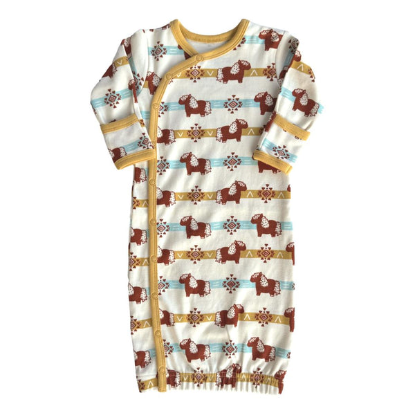 GOTS certified organic cotton baby gown featuring an Aztec pony print with yellow trim and side snap buttons for easy dressing.