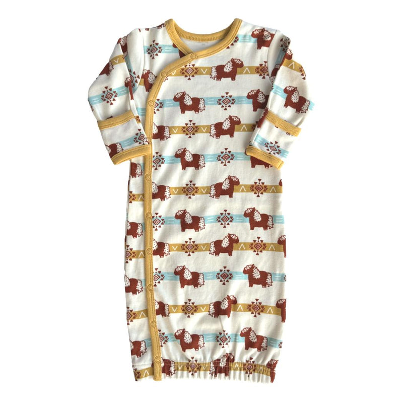 GOTS certified organic cotton baby gown featuring an Aztec pony print with yellow trim and side snap buttons for easy dressing.