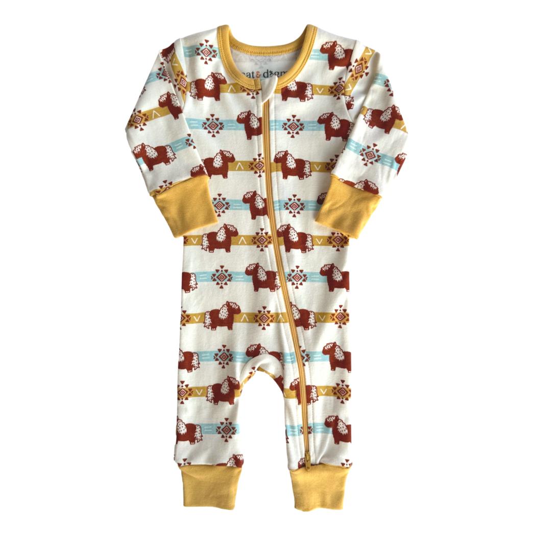 GOTS certified organic cotton zip romper featuring brown pony and geometric stripe pattern with yellow cuffs.