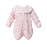 Baby Girl Basketweave Knit Romper with Lace Collar — Pink