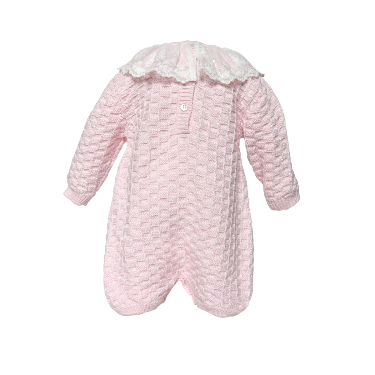 Baby Girl Basketweave Knit Romper with Lace Collar — Pink