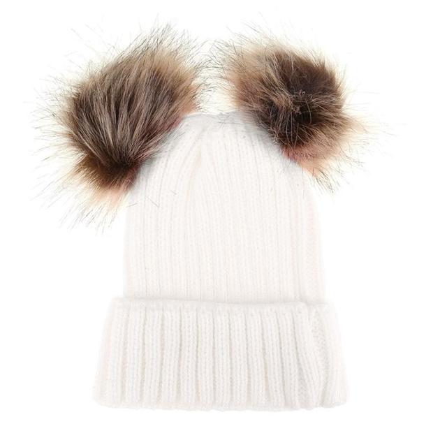Parent-child Caps Cute Infant Baby Pompon Winter Hat Double Fur Ball Hat Mother Kids Warm Knitted Hat Newborn Beanie Cap
