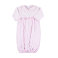 Pink striped classic gown with picot trim, featuring a mini-striped top and solid pink bottom with a Peter Pan collar.