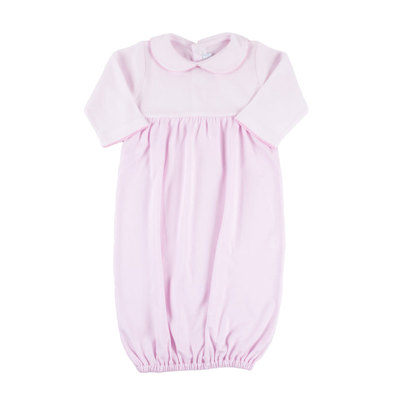 Pink striped classic gown with picot trim, featuring a mini-striped top and solid pink bottom with a Peter Pan collar.