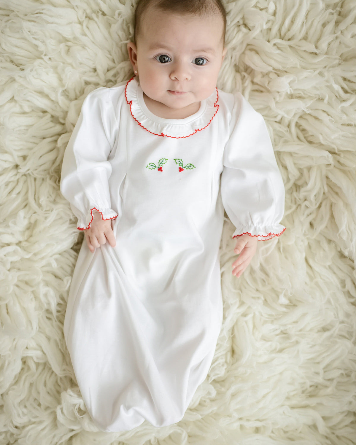 Newborn Christmas Day Gown — Holly Embroidery