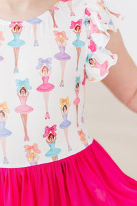 Ballerina Bows Short Sleeve Twirl Leotard: white bodice with pastel ballerina prints and pink tutu.