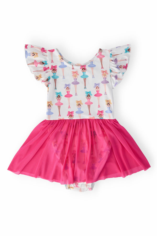 Ballerina Bows short sleeve twirl leotard with white bodice printed with ballerinas and pink tulle skirt.