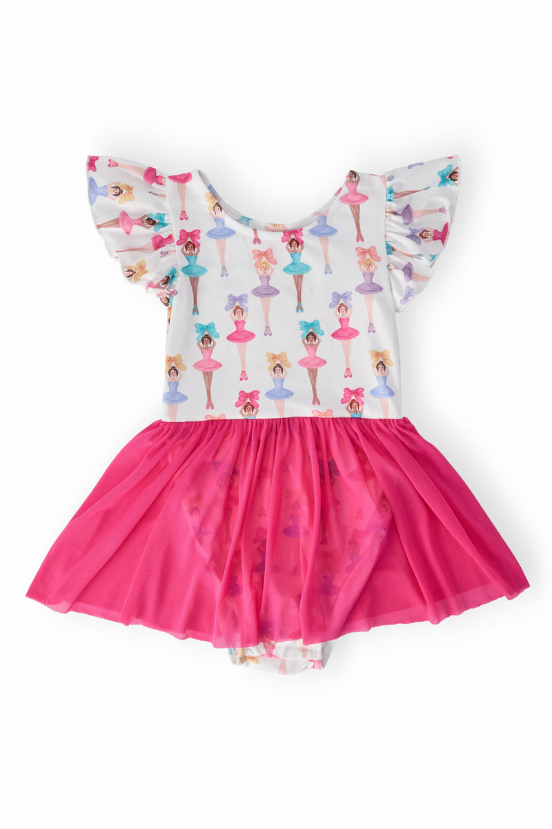 Ballerina Bows short sleeve twirl leotard with white bodice printed with ballerinas and pink tulle skirt.
