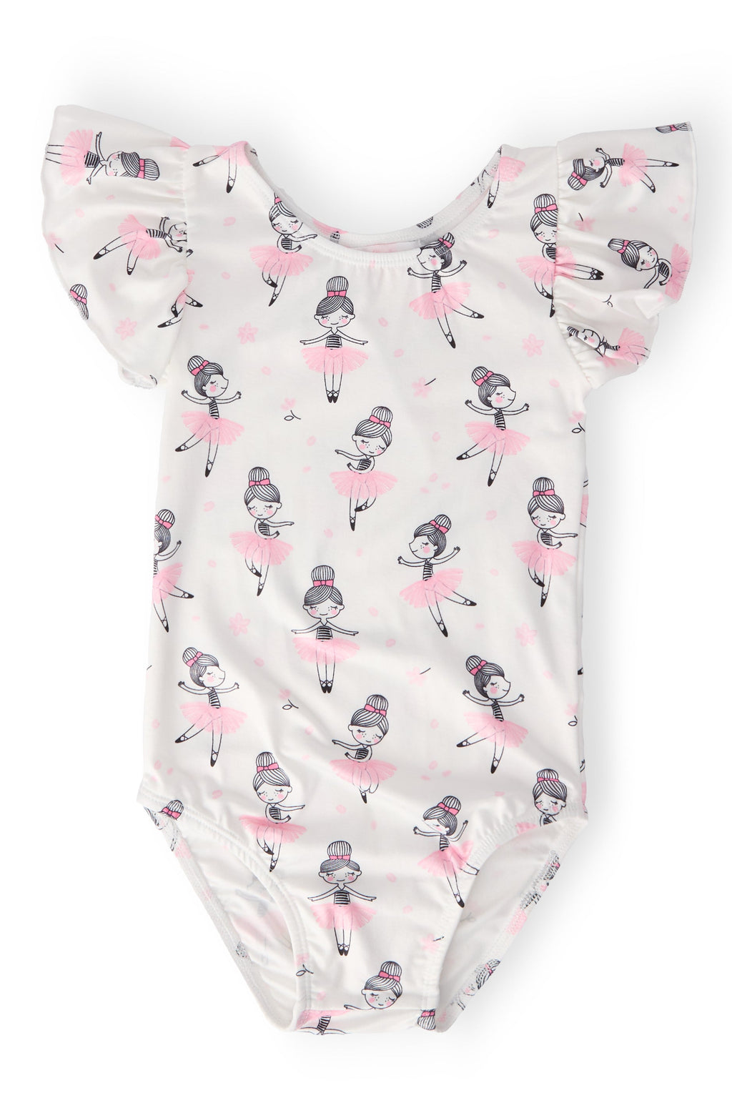 Ballerina Short Flutter Sleeve Leotard featuring a playful print of dancing ballerinas in soft colors, perfect for little dancers. This flutter sleeve leotard offers comfort and style for dance classes and playtime.