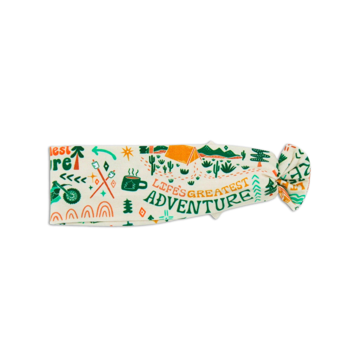 Colorful headband with nature-themed designs and text on a white background