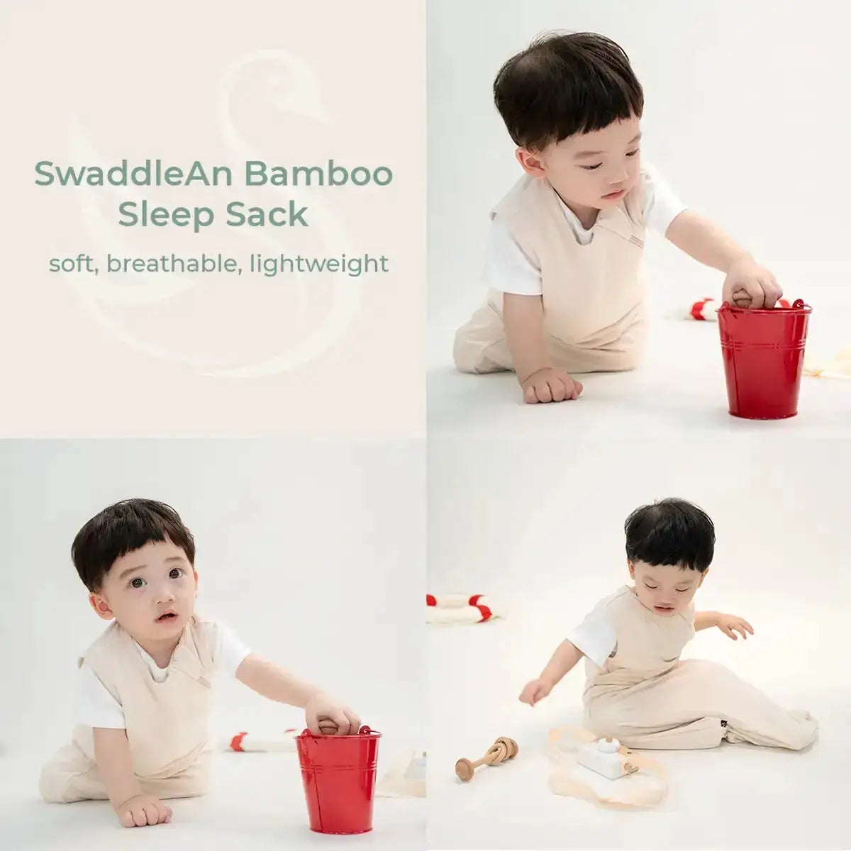 Collage showing toddler in beige bamboo sleep sack playing with red bucket