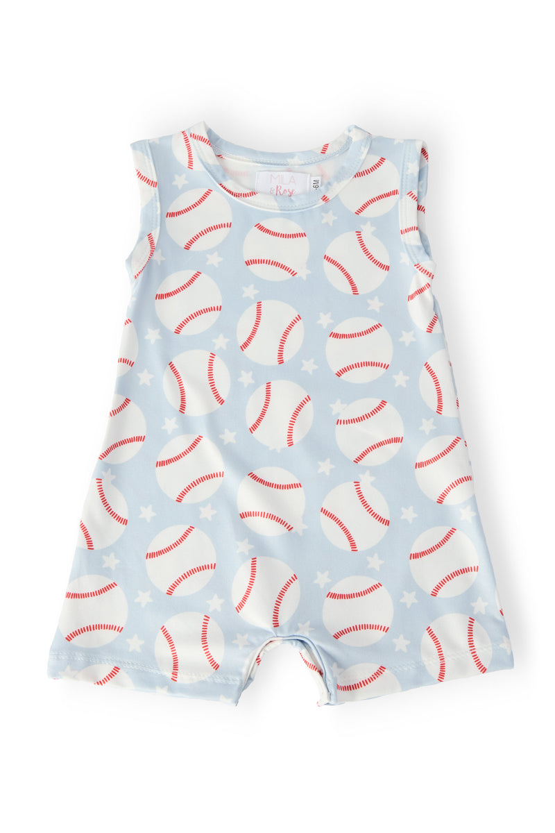 Baseball Shorty One-Piece romper in light blue with white baseballs and stars; snap closure for easy diaper changes.
