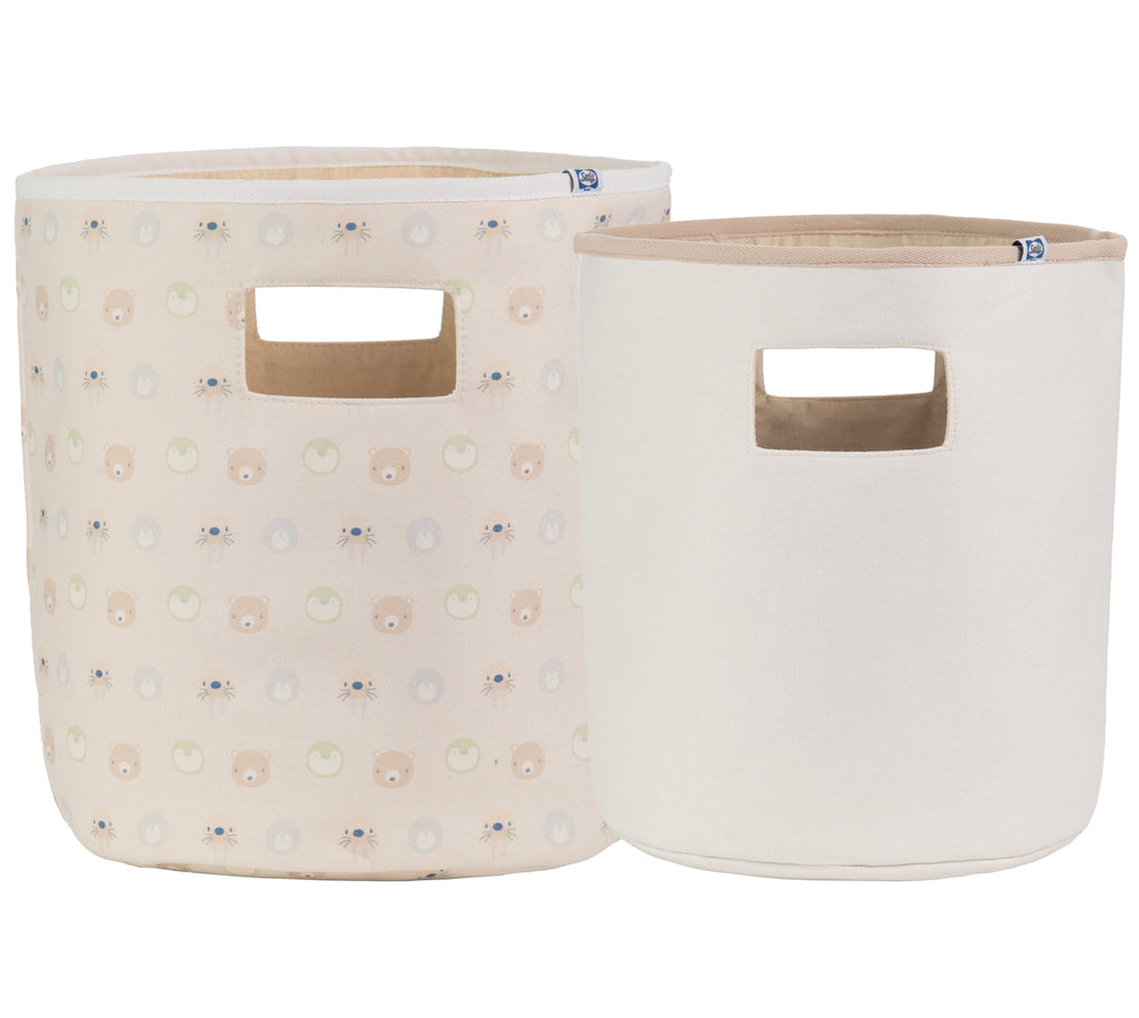 Sealy Baby Soft Storage in Beige Animal Faces design, featuring large and small round bins with friendly bear and apple patterns, perfect for organizing baby toys and essentials.