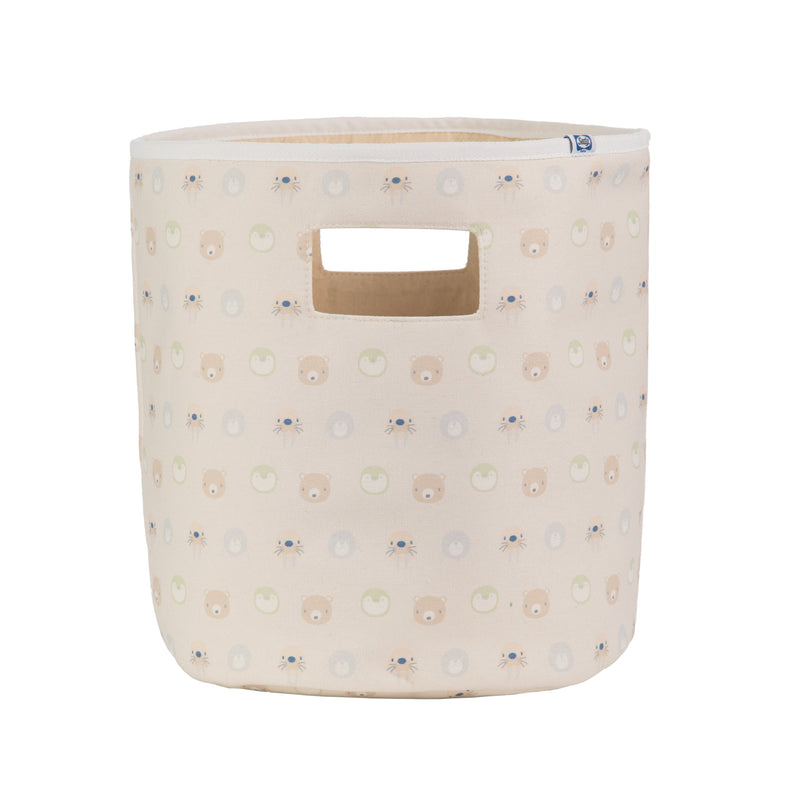 Close-up view of the large Sealy Baby Soft Storage bin with Beige Animal Faces design, showcasing playful bear patterns, ideal for keeping a nursery tidy.