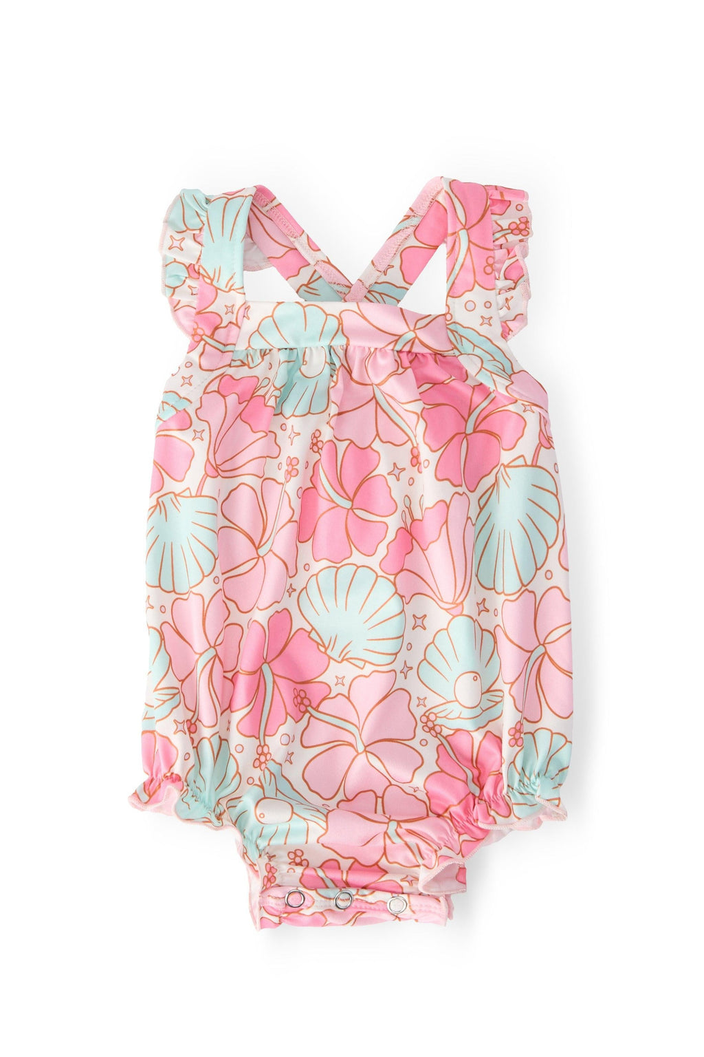 Beach Daze Ruffle Cross Back Romper by Mila & Rose, featuring a stylish cross-back design and playful ruffles, perfect for summer adventures and beach days.