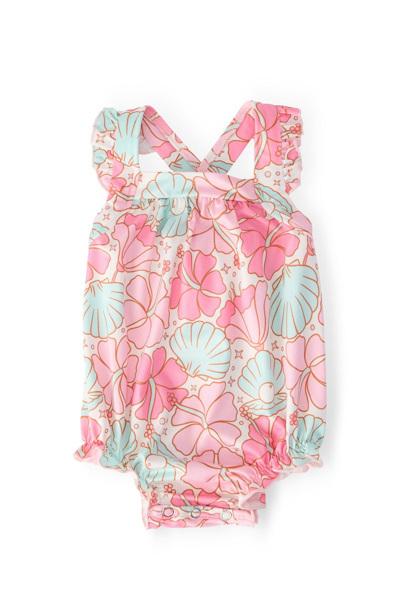 Beach Daze Ruffle Cross Back Romper by Mila & Rose, featuring a stylish cross-back design and playful ruffles, perfect for summer adventures and beach days.