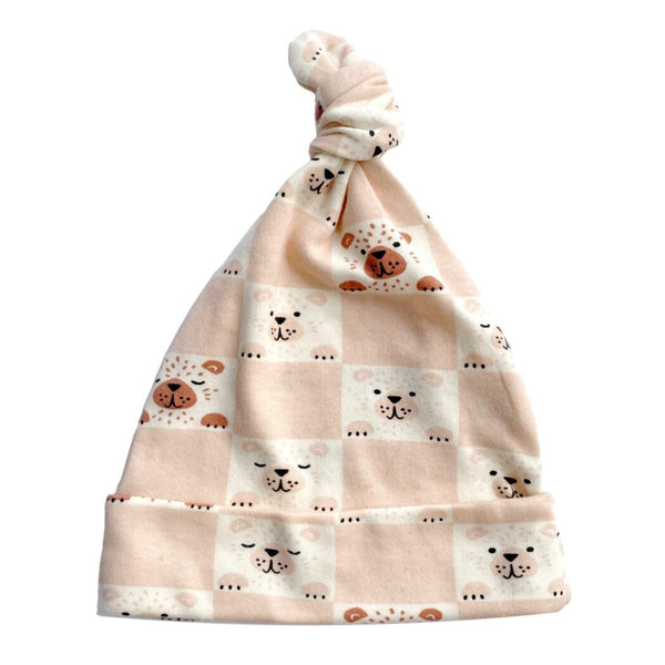 GOTS certified organic cotton knotted baby hat with pink and white checkered bear print design.