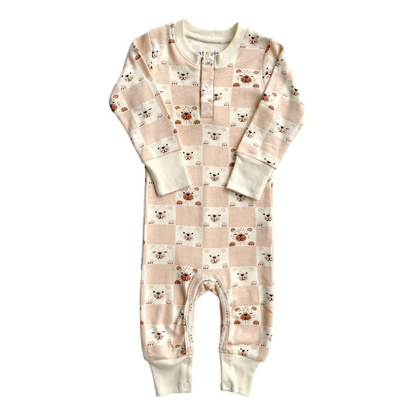 GOTS certified organic cotton playsuit with pink checkered bear print, long sleeves, and snap buttons for easy diaper changes.