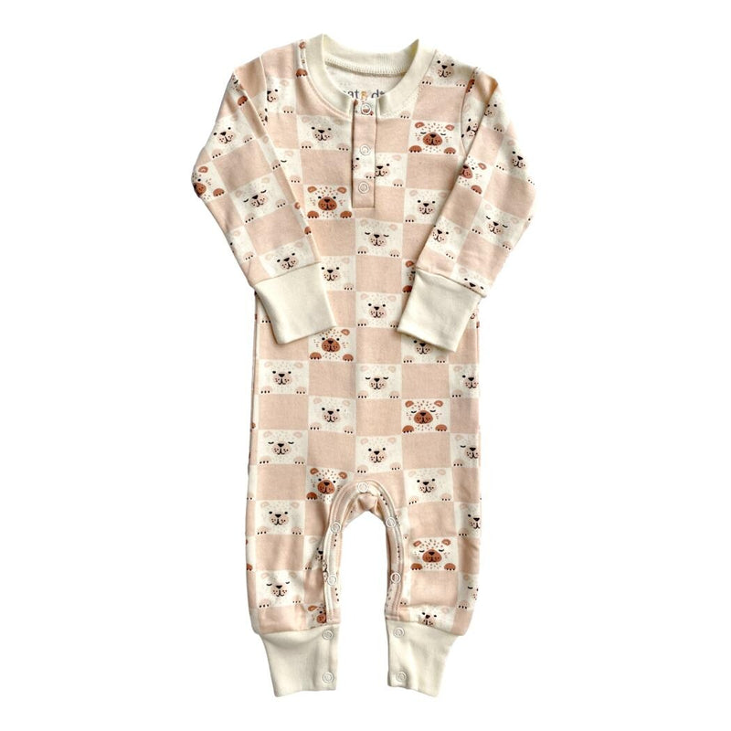 GOTS certified organic cotton playsuit with pink checkered bear print, long sleeves, and snap buttons for easy diaper changes.