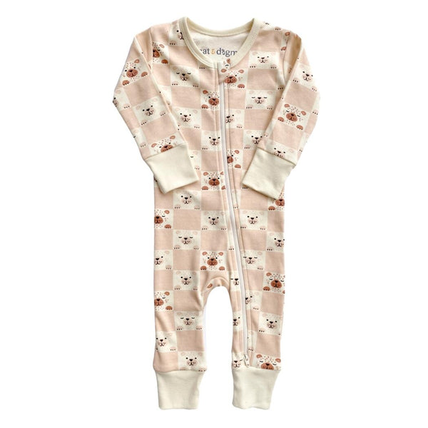 GOTS certified organic cotton zip romper with pink checkered bear print. Chemical-free baby clothing safe for sensitive skin.