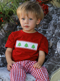 Christmas Smocking Embroidered Christmas Tree Plaid Boys Set