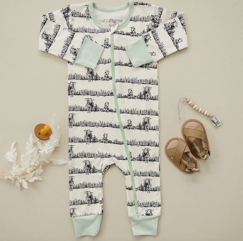 GOTS certified organic cotton zip romper with animal print, mint green trim, sandals, and pacifier clip.
