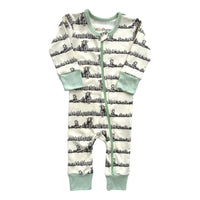 GOTS certified organic cotton zippy romper featuring a farm animal print, green zipper, and mint cuffs for safe, chemical-free baby wear.