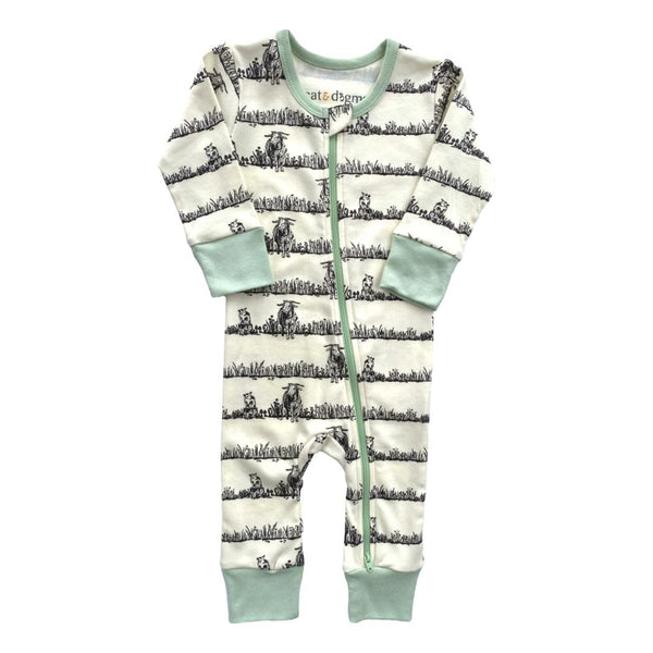 GOTS certified organic cotton zippy romper featuring a farm animal print, green zipper, and mint cuffs for safe, chemical-free baby wear.