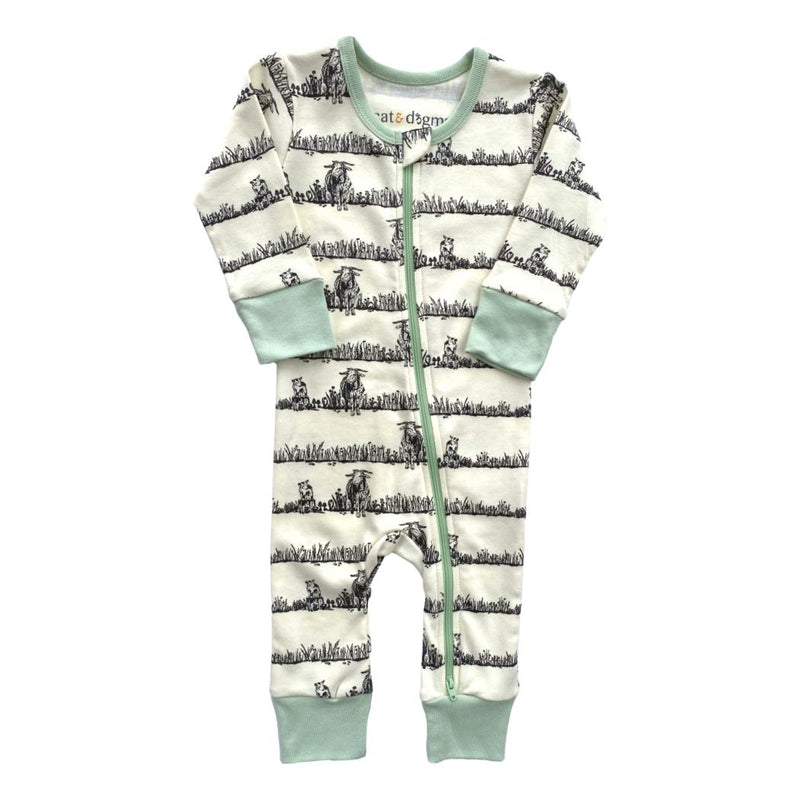 GOTS certified organic cotton zippy romper featuring a farm animal print, green zipper, and mint cuffs for safe, chemical-free baby wear.