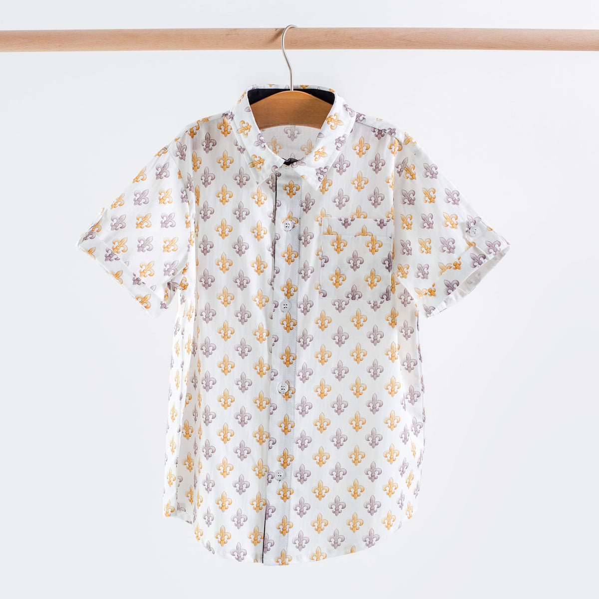 Black and Gold Fleur de Lis Short Sleeve Collared Shirt