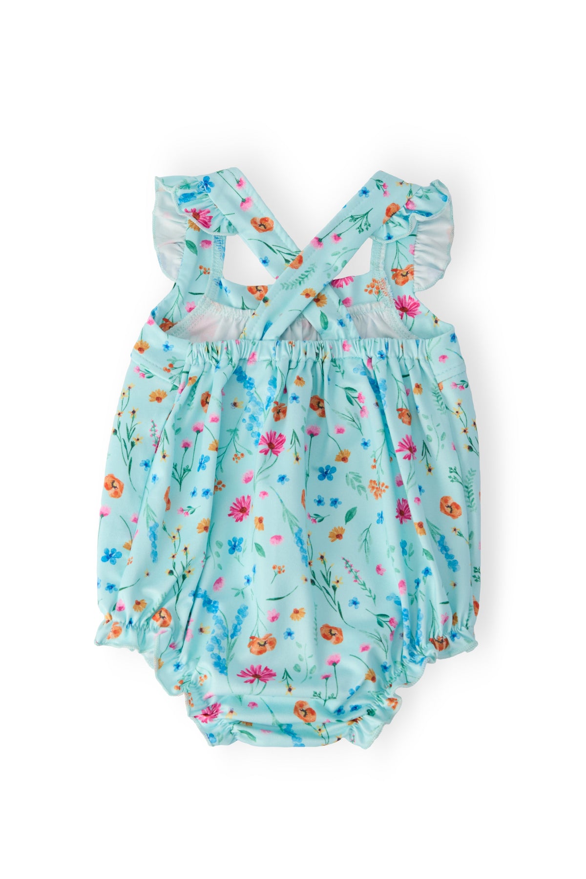Bluebell Breeze Ruffle Cross Back Romper with floral print, crisscross back straps, ruffled shoulders, and snaps.